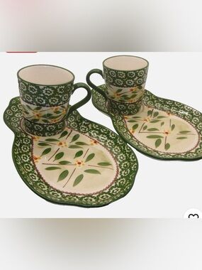 Temptations Old World Green Mug & Snack Plate Set Vintage Stoneware Dishware (2)